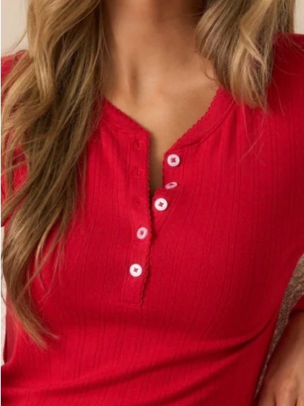 SHEIN Red Ribbed Henley Short Sleeve Top